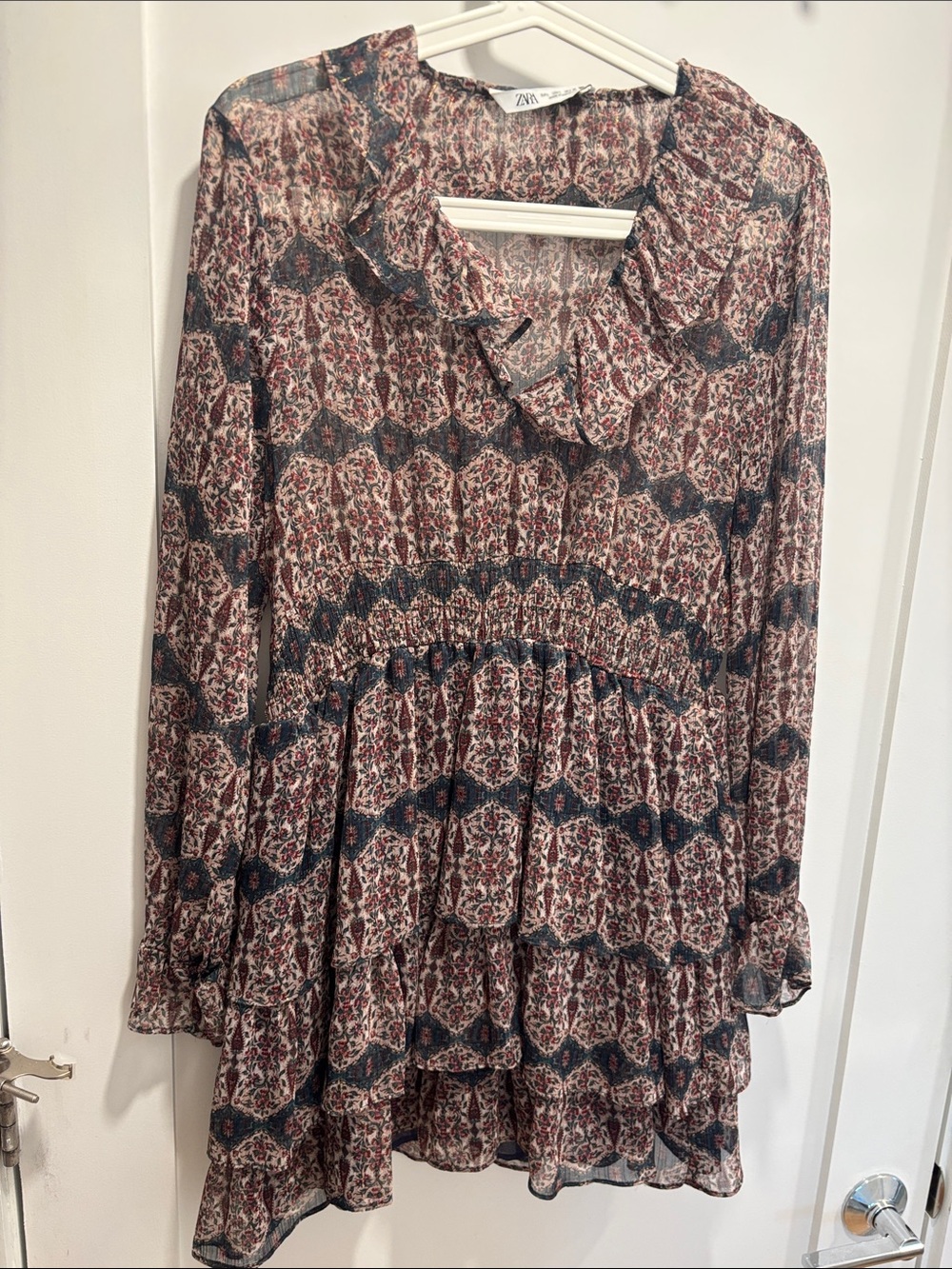 Zara Burgundy and Navy Floral Tiered Long-Sleeve Tunic